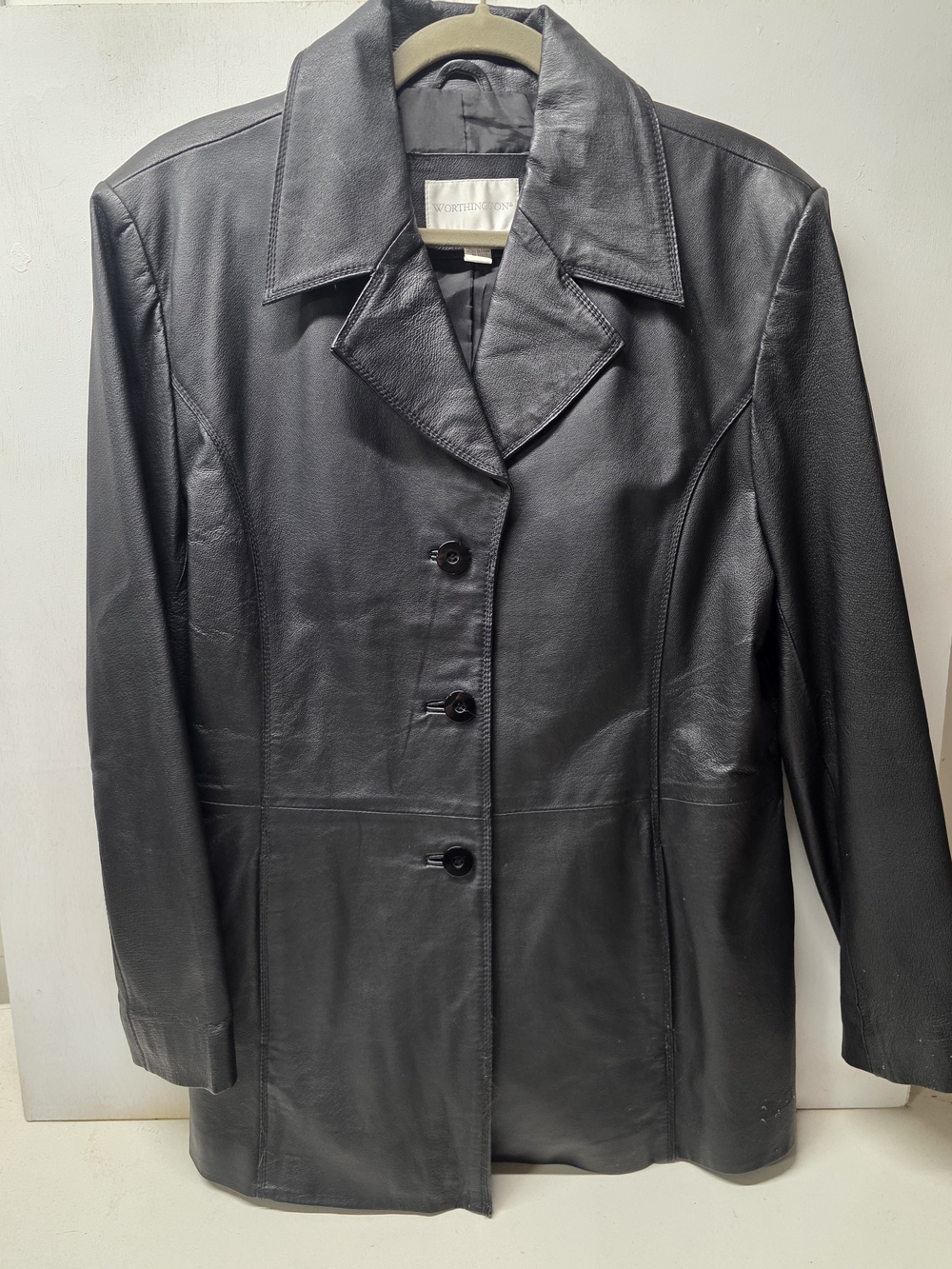 Worthington Womens XL Black Genuine Leather Blazer Jacket 3 Button Y2K